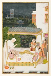 A Young Woman on a Canopied Bed Outdoors on a Stormy Night, Has Her Feet Massaged